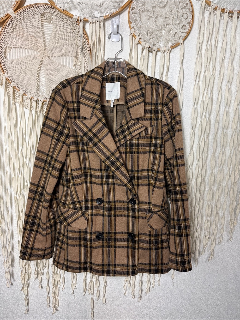 Anthropologie | Avec Les Filles Brown Double Breasted Knit Plaid Blazer Small - Picture 2 of 12